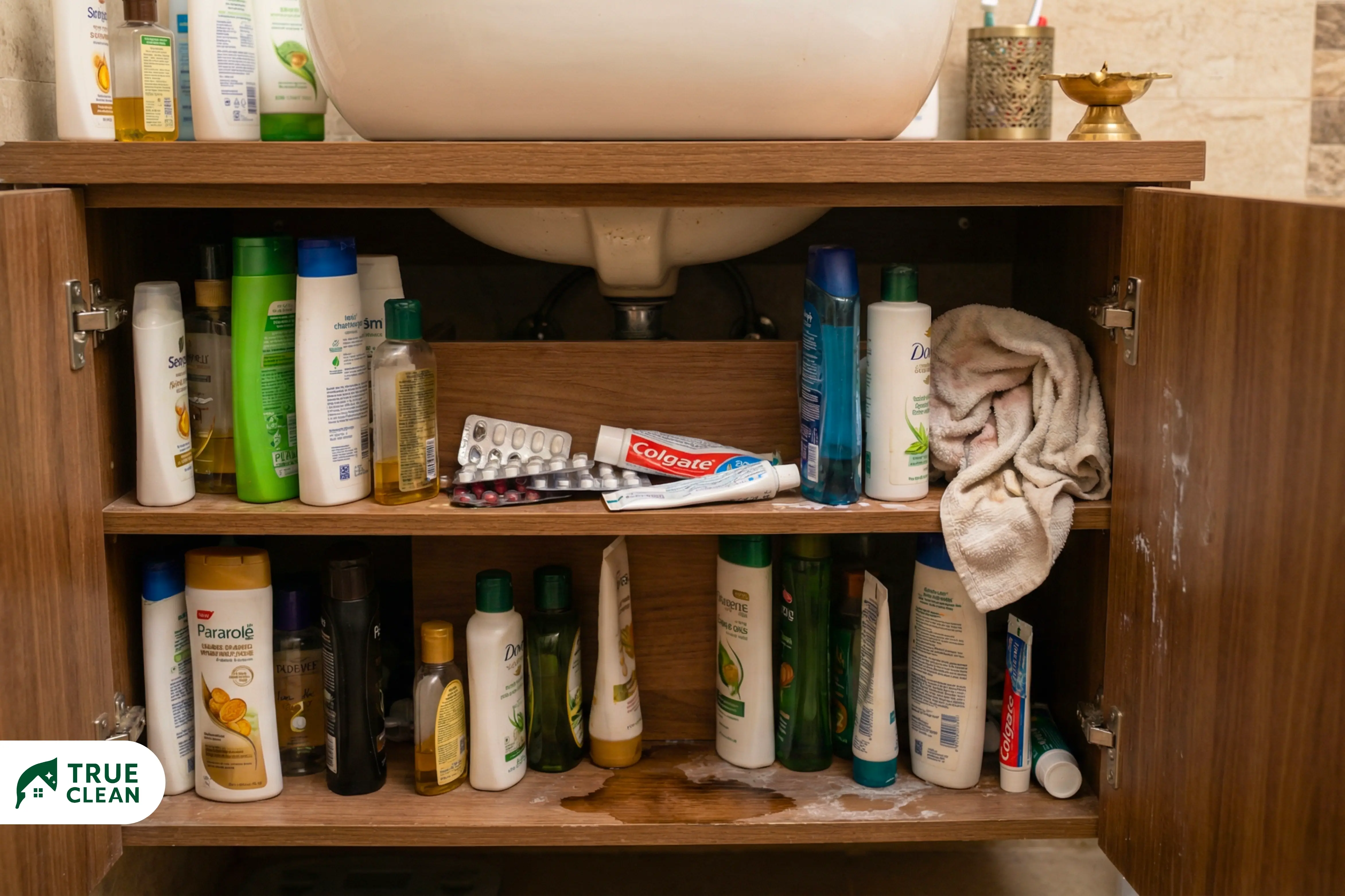 Organized bathroom cabinets ready for deep cleaning